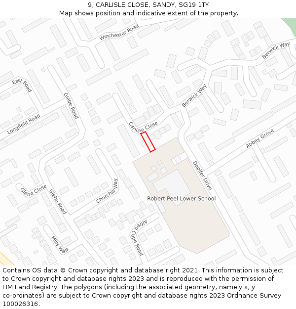 9, CARLISLE CLOSE, SANDY, SG19 1TY: Location map and indicative extent of plot