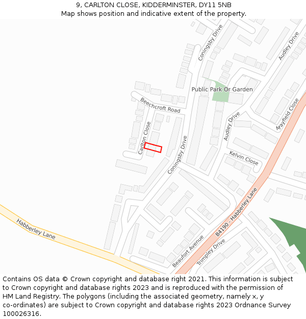 9, CARLTON CLOSE, KIDDERMINSTER, DY11 5NB: Location map and indicative extent of plot