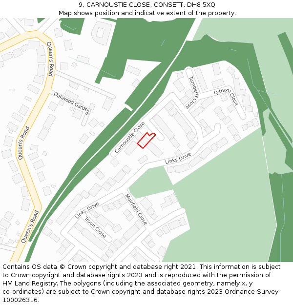 9, CARNOUSTIE CLOSE, CONSETT, DH8 5XQ: Location map and indicative extent of plot
