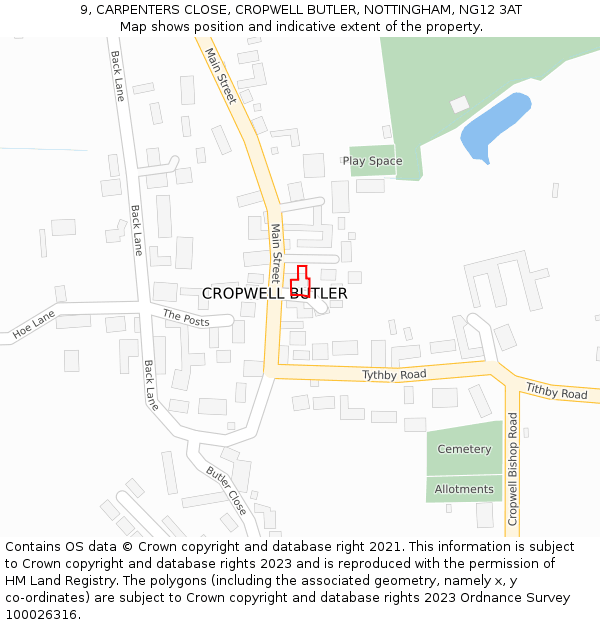 9, CARPENTERS CLOSE, CROPWELL BUTLER, NOTTINGHAM, NG12 3AT: Location map and indicative extent of plot