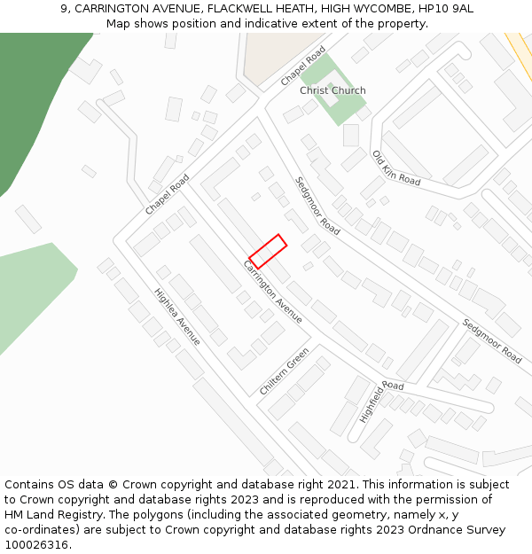 9, CARRINGTON AVENUE, FLACKWELL HEATH, HIGH WYCOMBE, HP10 9AL: Location map and indicative extent of plot