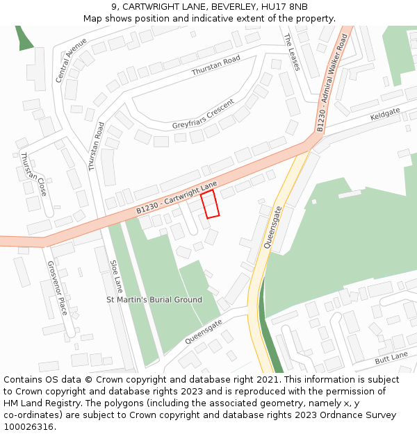 9, CARTWRIGHT LANE, BEVERLEY, HU17 8NB: Location map and indicative extent of plot