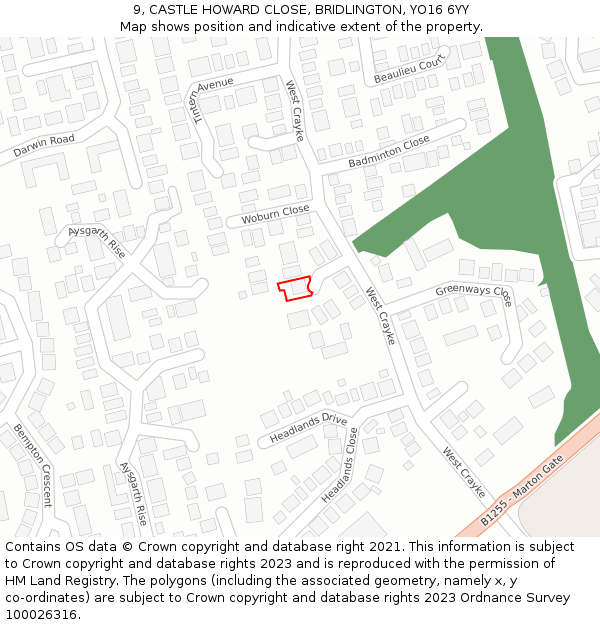 9, CASTLE HOWARD CLOSE, BRIDLINGTON, YO16 6YY: Location map and indicative extent of plot