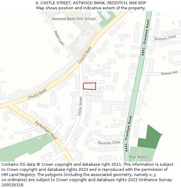 9, CASTLE STREET, ASTWOOD BANK, REDDITCH, B96 6DP: Location map and indicative extent of plot