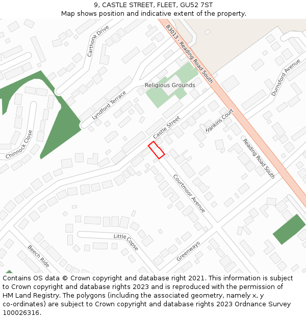 9, CASTLE STREET, FLEET, GU52 7ST: Location map and indicative extent of plot