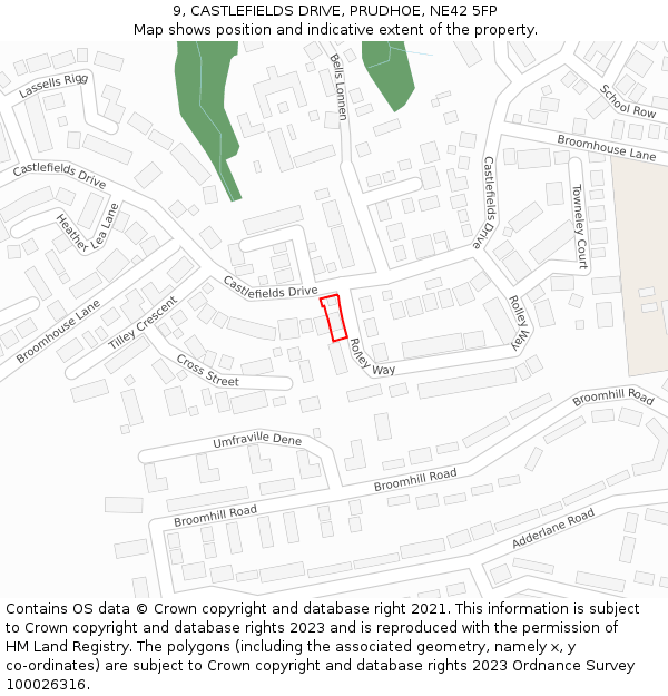 9, CASTLEFIELDS DRIVE, PRUDHOE, NE42 5FP: Location map and indicative extent of plot