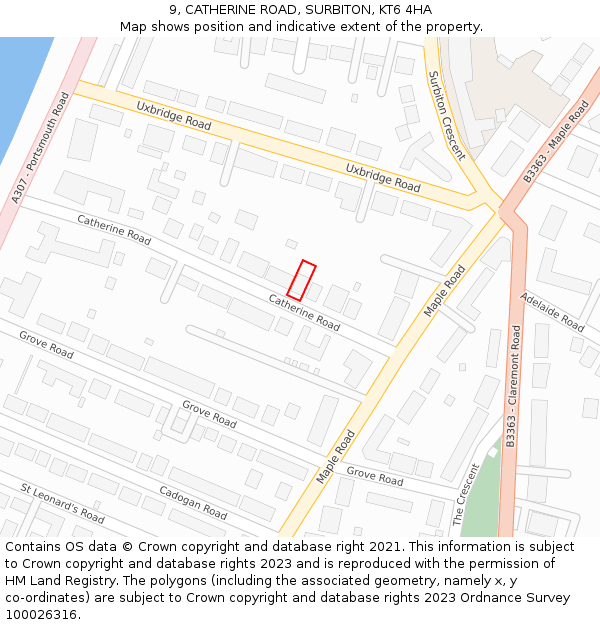 9, CATHERINE ROAD, SURBITON, KT6 4HA: Location map and indicative extent of plot