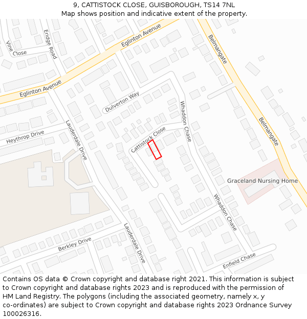 9, CATTISTOCK CLOSE, GUISBOROUGH, TS14 7NL: Location map and indicative extent of plot