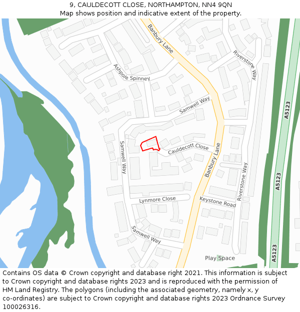 9, CAULDECOTT CLOSE, NORTHAMPTON, NN4 9QN: Location map and indicative extent of plot