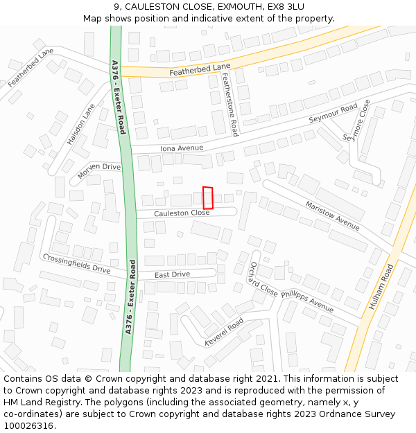 9, CAULESTON CLOSE, EXMOUTH, EX8 3LU: Location map and indicative extent of plot