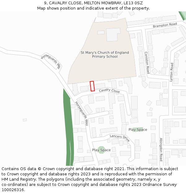 9, CAVALRY CLOSE, MELTON MOWBRAY, LE13 0SZ: Location map and indicative extent of plot