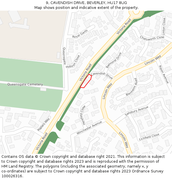 9, CAVENDISH DRIVE, BEVERLEY, HU17 8UG: Location map and indicative extent of plot