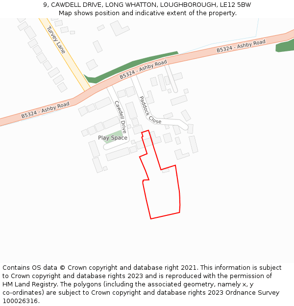 9, CAWDELL DRIVE, LONG WHATTON, LOUGHBOROUGH, LE12 5BW: Location map and indicative extent of plot