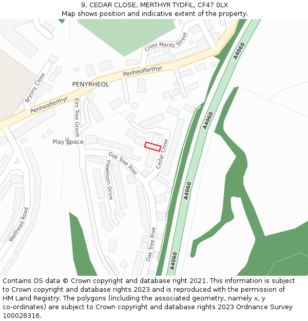 9, CEDAR CLOSE, MERTHYR TYDFIL, CF47 0LX: Location map and indicative extent of plot