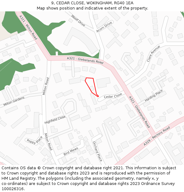 9, CEDAR CLOSE, WOKINGHAM, RG40 1EA: Location map and indicative extent of plot