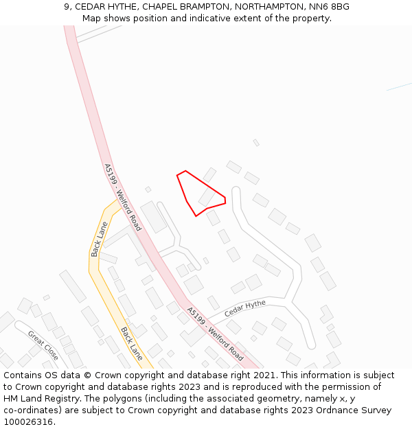 9, CEDAR HYTHE, CHAPEL BRAMPTON, NORTHAMPTON, NN6 8BG: Location map and indicative extent of plot
