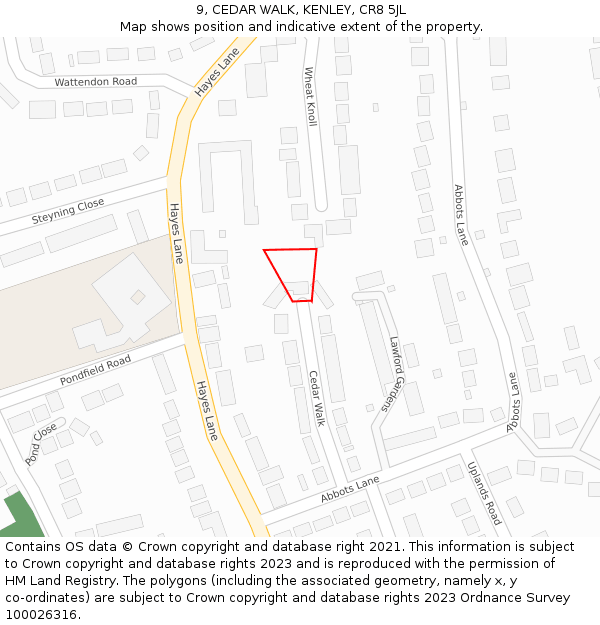 9, CEDAR WALK, KENLEY, CR8 5JL: Location map and indicative extent of plot