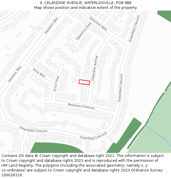 9, CELANDINE AVENUE, WATERLOOVILLE, PO8 9BE: Location map and indicative extent of plot