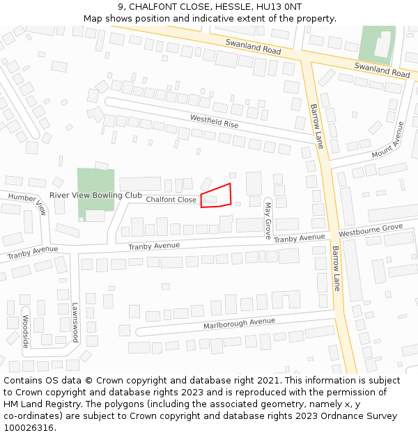 9, CHALFONT CLOSE, HESSLE, HU13 0NT: Location map and indicative extent of plot