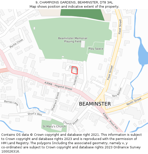 9, CHAMPIONS GARDENS, BEAMINSTER, DT8 3AL: Location map and indicative extent of plot