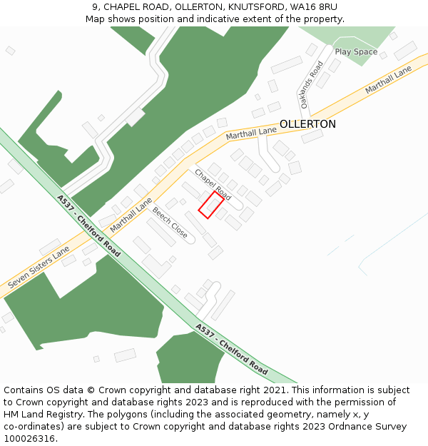 9, CHAPEL ROAD, OLLERTON, KNUTSFORD, WA16 8RU: Location map and indicative extent of plot