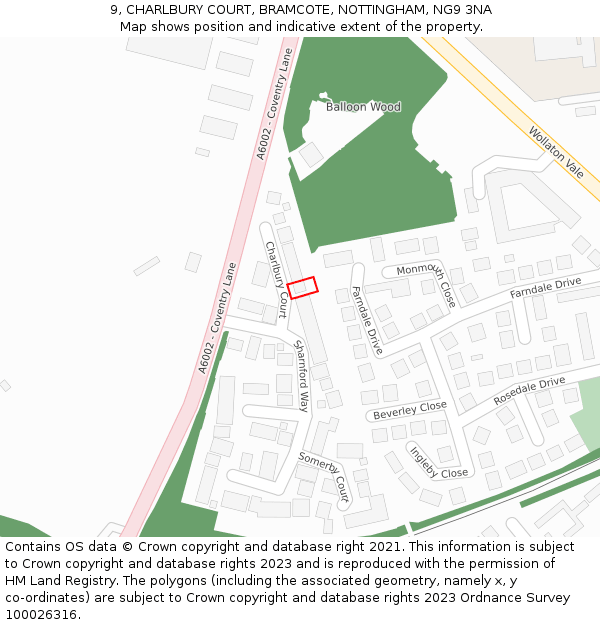 9, CHARLBURY COURT, BRAMCOTE, NOTTINGHAM, NG9 3NA: Location map and indicative extent of plot