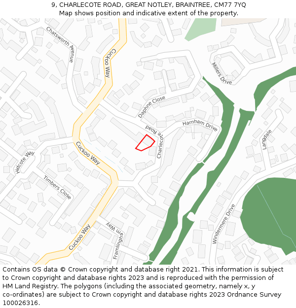 9, CHARLECOTE ROAD, GREAT NOTLEY, BRAINTREE, CM77 7YQ: Location map and indicative extent of plot