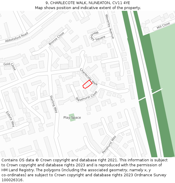 9, CHARLECOTE WALK, NUNEATON, CV11 4YE: Location map and indicative extent of plot