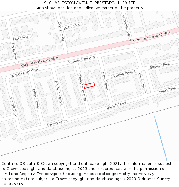 9, CHARLESTON AVENUE, PRESTATYN, LL19 7EB: Location map and indicative extent of plot