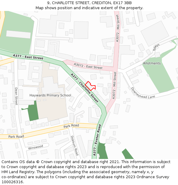 9, CHARLOTTE STREET, CREDITON, EX17 3BB: Location map and indicative extent of plot