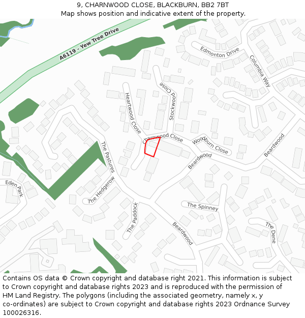 9, CHARNWOOD CLOSE, BLACKBURN, BB2 7BT: Location map and indicative extent of plot