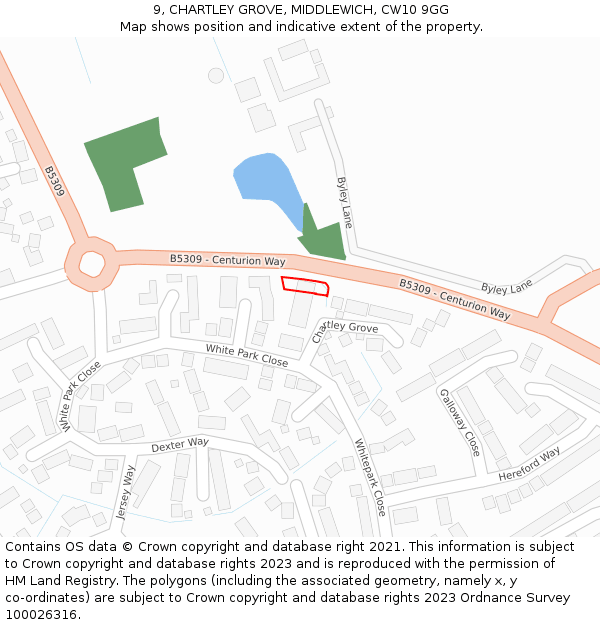 9, CHARTLEY GROVE, MIDDLEWICH, CW10 9GG: Location map and indicative extent of plot