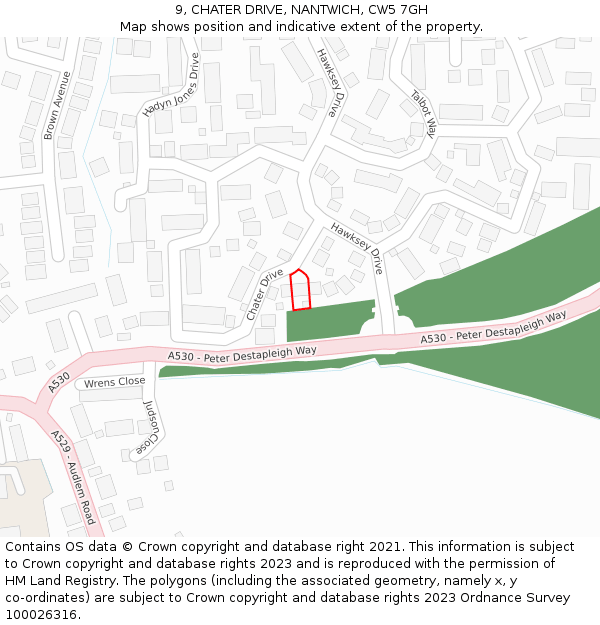 9, CHATER DRIVE, NANTWICH, CW5 7GH: Location map and indicative extent of plot