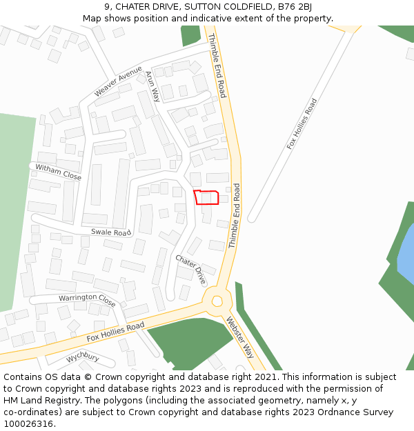 9, CHATER DRIVE, SUTTON COLDFIELD, B76 2BJ: Location map and indicative extent of plot