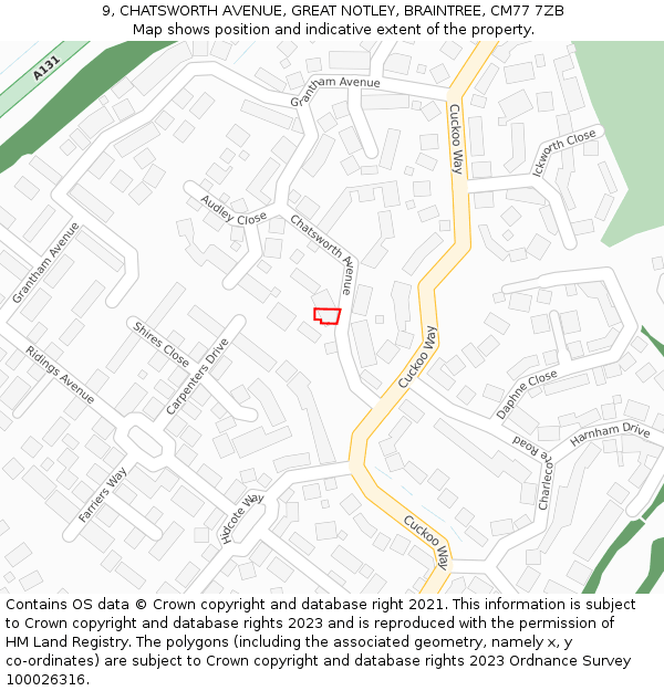 9, CHATSWORTH AVENUE, GREAT NOTLEY, BRAINTREE, CM77 7ZB: Location map and indicative extent of plot