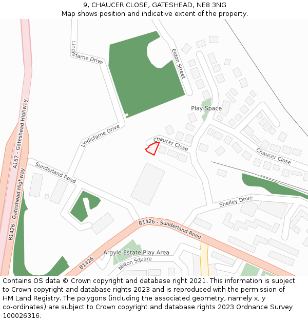 9, CHAUCER CLOSE, GATESHEAD, NE8 3NG: Location map and indicative extent of plot