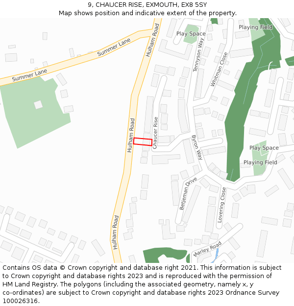 9, CHAUCER RISE, EXMOUTH, EX8 5SY: Location map and indicative extent of plot