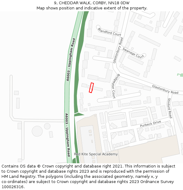 9, CHEDDAR WALK, CORBY, NN18 0DW: Location map and indicative extent of plot