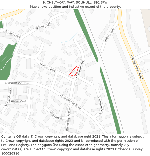 9, CHELTHORN WAY, SOLIHULL, B91 3FW: Location map and indicative extent of plot