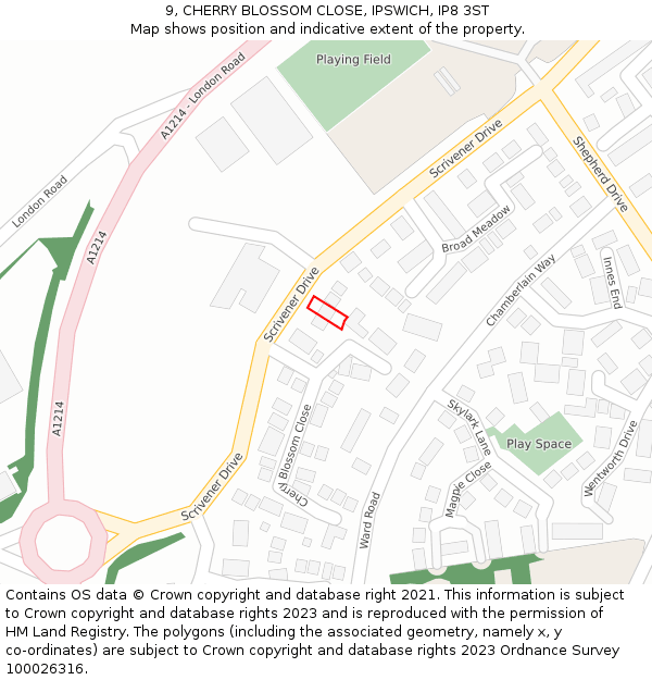 9, CHERRY BLOSSOM CLOSE, IPSWICH, IP8 3ST: Location map and indicative extent of plot