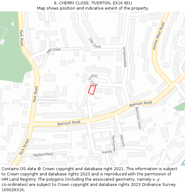 9, CHERRY CLOSE, TIVERTON, EX16 6EU: Location map and indicative extent of plot