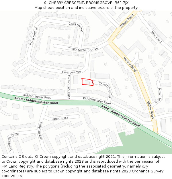 9, CHERRY CRESCENT, BROMSGROVE, B61 7JX: Location map and indicative extent of plot