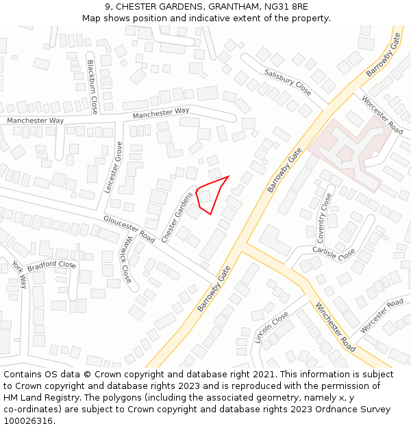 9, CHESTER GARDENS, GRANTHAM, NG31 8RE: Location map and indicative extent of plot