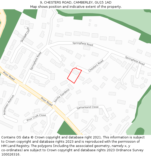 9, CHESTERS ROAD, CAMBERLEY, GU15 1AD: Location map and indicative extent of plot