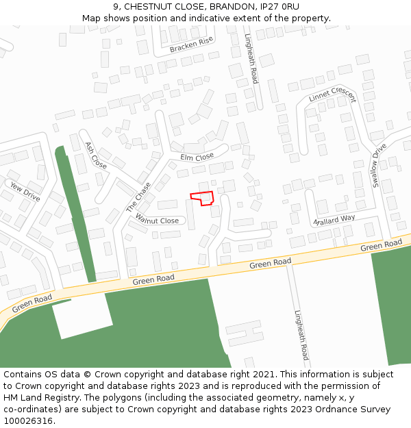 9, CHESTNUT CLOSE, BRANDON, IP27 0RU: Location map and indicative extent of plot