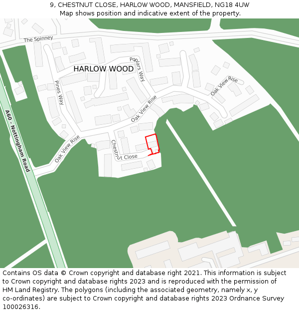 9, CHESTNUT CLOSE, HARLOW WOOD, MANSFIELD, NG18 4UW: Location map and indicative extent of plot