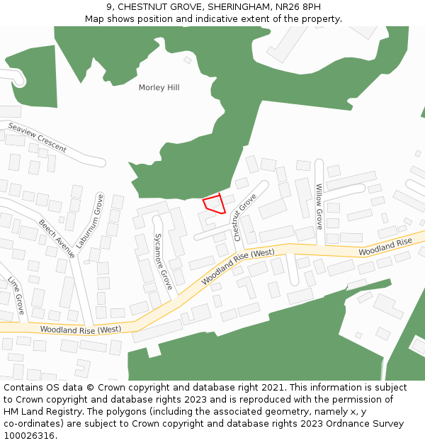 9, CHESTNUT GROVE, SHERINGHAM, NR26 8PH: Location map and indicative extent of plot