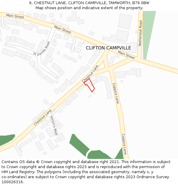 9, CHESTNUT LANE, CLIFTON CAMPVILLE, TAMWORTH, B79 0BW: Location map and indicative extent of plot
