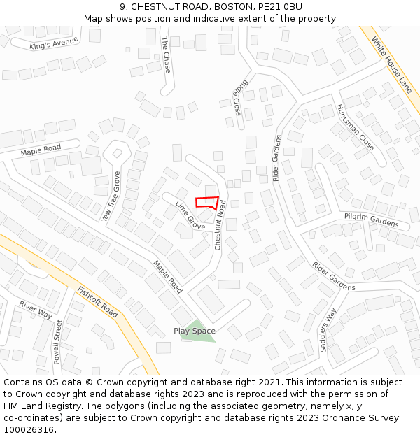 9, CHESTNUT ROAD, BOSTON, PE21 0BU: Location map and indicative extent of plot