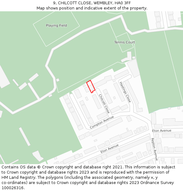 9, CHILCOTT CLOSE, WEMBLEY, HA0 3FF: Location map and indicative extent of plot